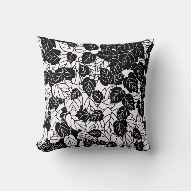 Japanese Leaf Print, Black and White Cushion (Front)