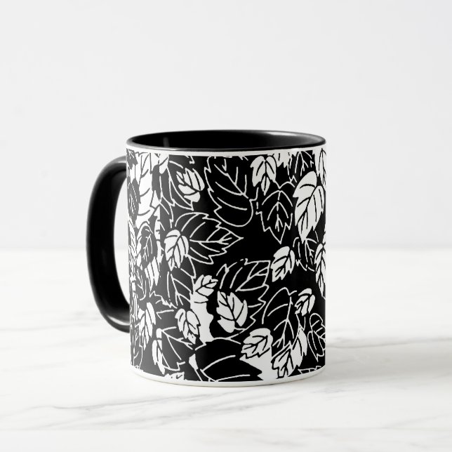 Japanese Leaf Print, Black and White Mug (Front Left)