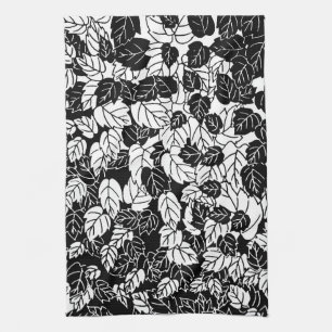 Japanese Leaf Print, Black and White Tea Towel