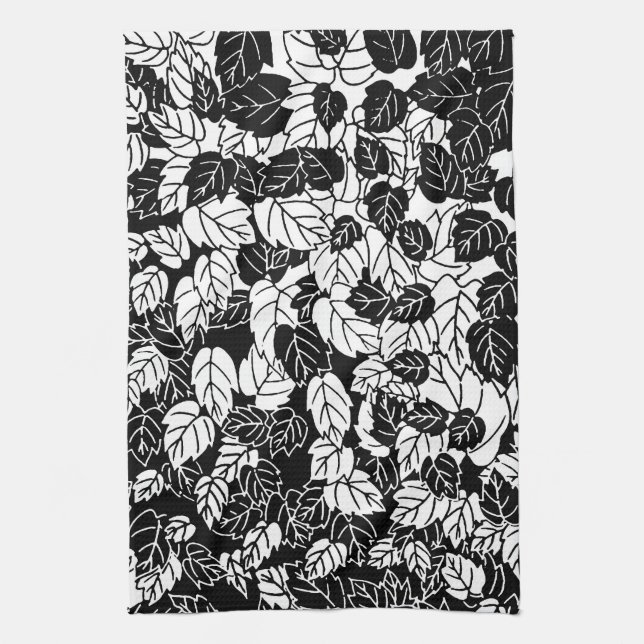 Japanese Leaf Print, Black and White Tea Towel (Vertical)