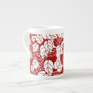 Japanese Leaf Print, Dark Red and White Bone China Mug
