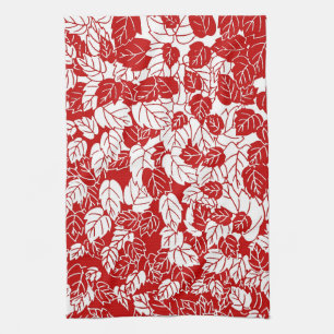 Japanese Leaf Print, Dark Red and White Tea Towel