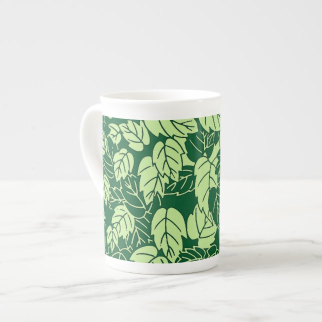 Japanese Leaf Print, Emerald and Lime Green Bone China Mug (Front Left)