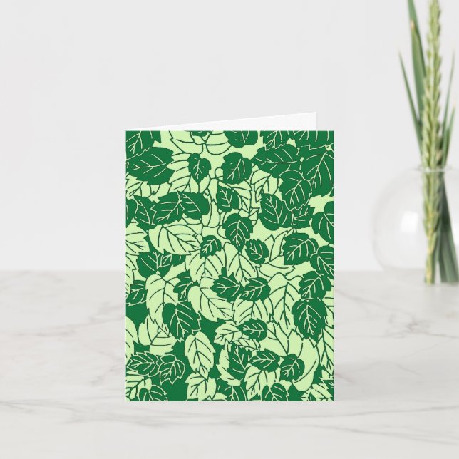 Japanese Leaf Print, Emerald and Lime Green Card (Front)