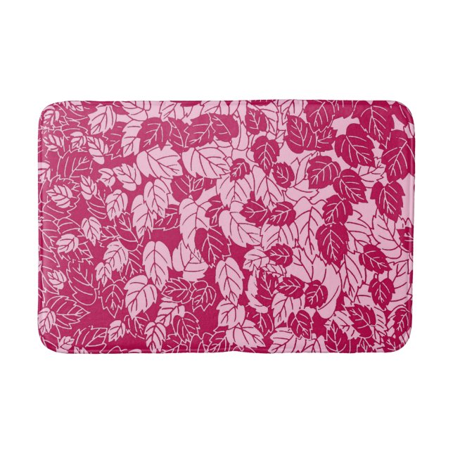 Japanese Leaf Print, Fuchsia and Light Pink Bath Mat (Front)
