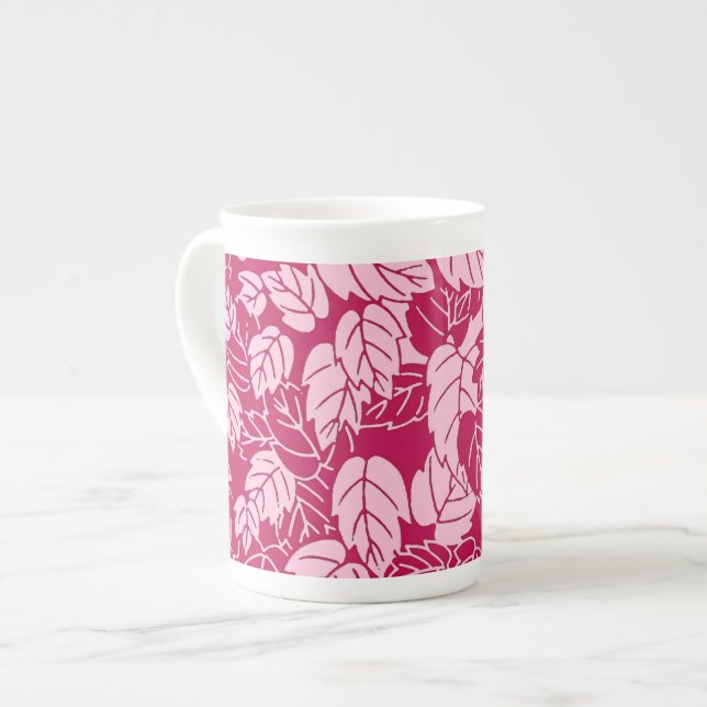 Japanese Leaf Print, Fuchsia and Light Pink Bone China Mug (Front Left)