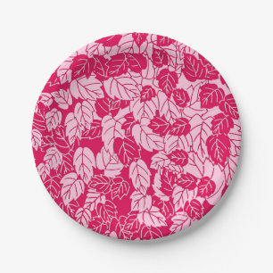 Japanese Leaf Print, Fuchsia and Light Pink Paper Plate