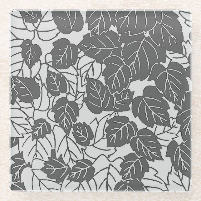 Japanese Leaf Print, Light and Dark Grey / Grey Glass Coaster (Front)