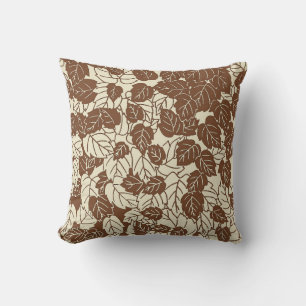 Japanese Leaf Print, Taupe Tan and Beige Cushion