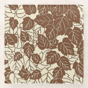 Japanese Leaf Print, Taupe Tan and Beige Glass Coaster