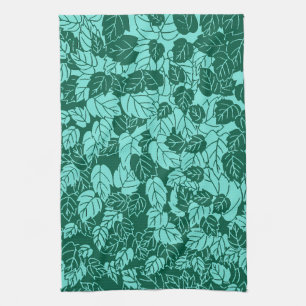 Japanese Leaf Print, Turquoise and Aqua Tea Towel