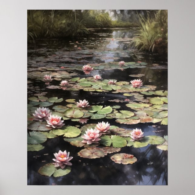 Japanese Lotus Flower Pond Art Print Poster (Front)