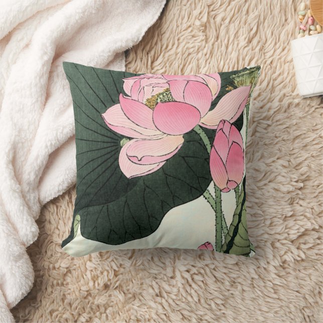 Japanese Lotus Flower - Vintage  Fine Art Pillow (Blanket)