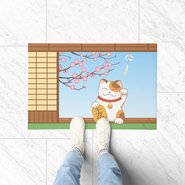 Japanese Lucky Calico Cat, Maneki Neko Doormat (Indoor)