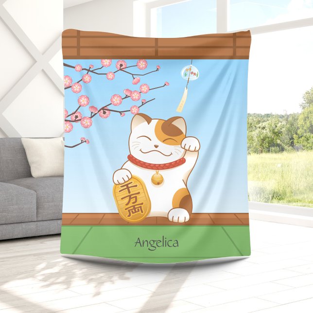Japanese Lucky Calico Cat, Maneki Neko Fleece Blanket (Creator Uploaded)
