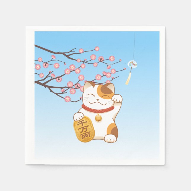 Japanese Lucky Calico Cat, Maneki Neko Napkin (Front)