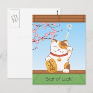 Japanese Lucky Calico Cat, Maneki Neko Postcard