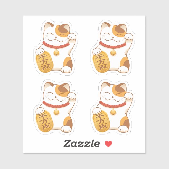 Japanese Lucky Calico Cat, Maneki Neko, Set of 4 (Sheet)