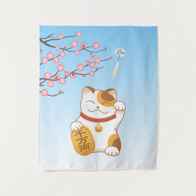 Japanese Lucky Calico Cat, Maneki Neko Tapestry (Front)