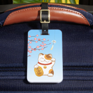 Japanese Lucky Cat, Calico Maneki Neko Luggage Tag