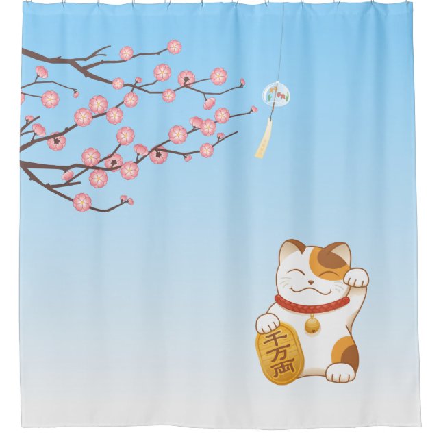 Japanese Lucky Cat, Calico Maneki Neko Shower Curtain (Front)