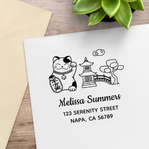 Japanese Lucky Cat, Maneki Neko Address 2 Rubber Stamp