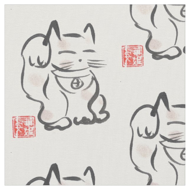Japanese Lucky Cat Maneki Neko Fabric (Close Up)