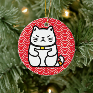 Japanese Lucky Cat or Maneki-Neko Ceramic Tree Decoration