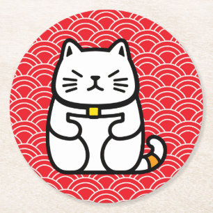 Japanese Lucky Cat or Maneki-Neko Round Paper Coaster