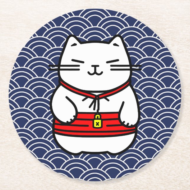 Japanese Lucky Cat or Maneki-Neko Round Paper Coaster (Front)
