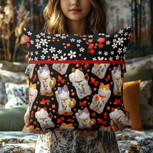 Japanese Lucky Cat Red Black Pillow Japanese Decor