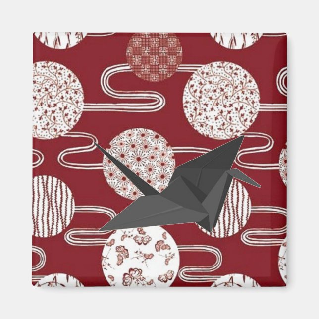 Japanese lucky crane red kimono pattern magnet (Front)