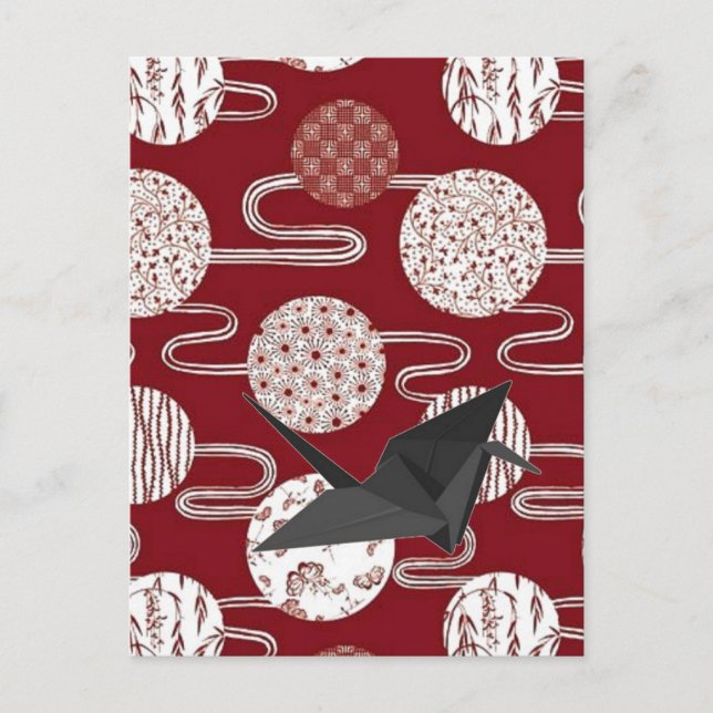 Japanese lucky crane red kimono pattern postcard (Front)