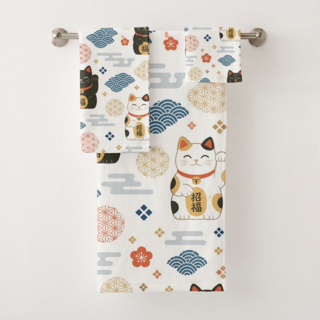 Japanese Lucky Maneki Neko Cat Bath Towel Set (Insitu)