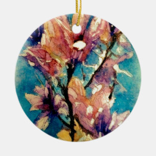Japanese Magnolia watercolor batik Ceramic Tree Decoration