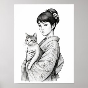 Japanese Maiden and Her Cat Poster