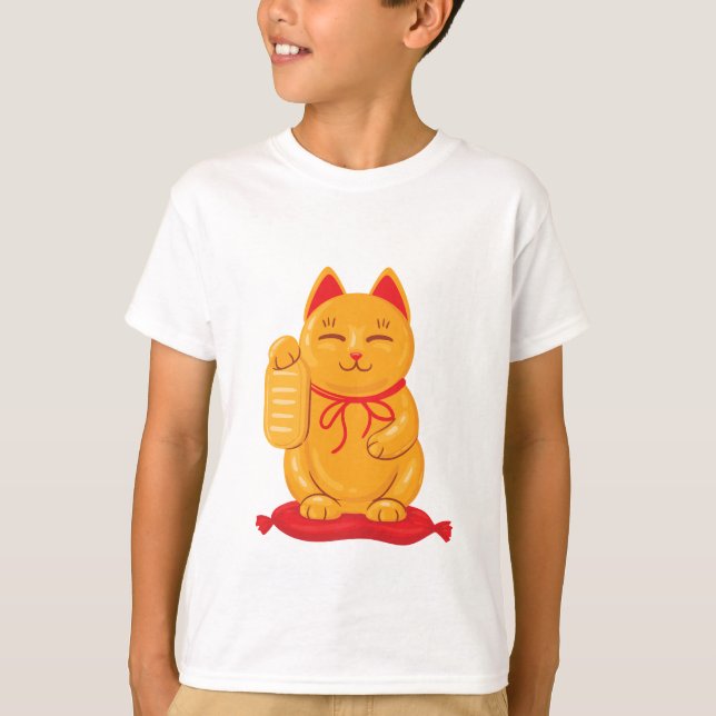 Japanese Maneki Neko Gold Cat, Symbol of Wealth T-Shirt (Front)