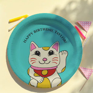 Japanese Maneki Neko Waving Cat Birthday Paper Plate