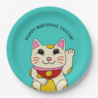 Japanese Maneki Neko Waving Cat Birthday Paper Plate