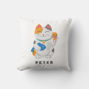 Japanese Maneki Neko White Cat, good luck symbol Cushion