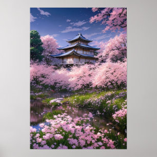 Japanese Mansion Embraced by Sakura Blossoms Poster