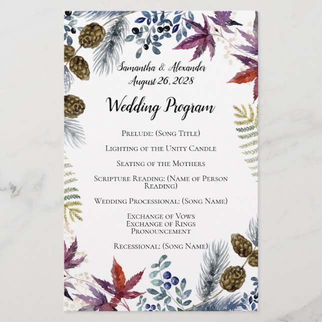 Japanese Maple Floral Watercolor Wedding Program (Front)