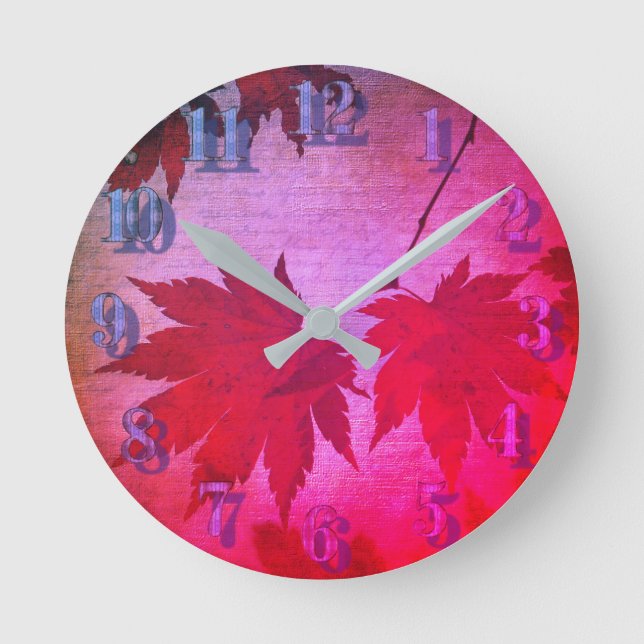 Japanese maple leaf and script fall pink purple  round clock (Front)