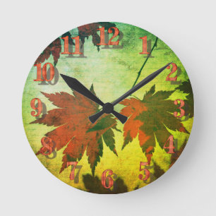 Japanese maple leaf and script fall red green round clock