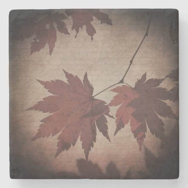 Japanese maple leaf script fall red brown elegant  stone coaster (Front)
