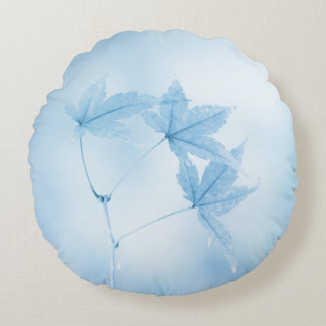 Japanese Maple Leaves in Blue Round Cushion (Front)