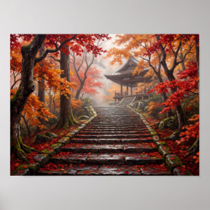 Japanese Maple Temple Stairs Art Poster