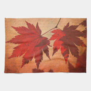 Japanese maple tree leaf orange script fall tea towel