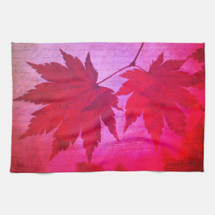 Japanese maple tree leaf script fall pink red tea towel