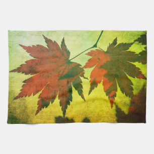 Japanese maple tree leaf script fall red green tea towel
